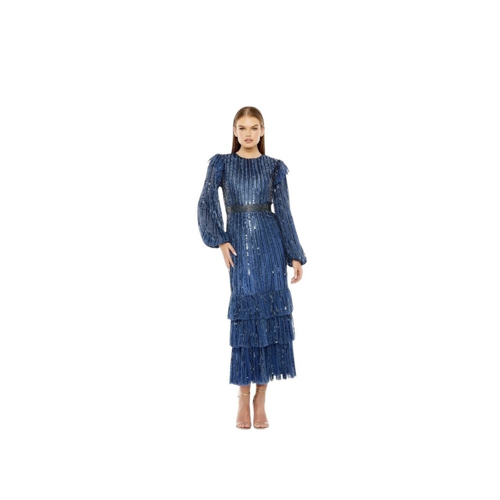 Mac Duggal 23003 Midnight Blue Sequined Tiered Midi Dress Long Sleeve Sz 16 $698